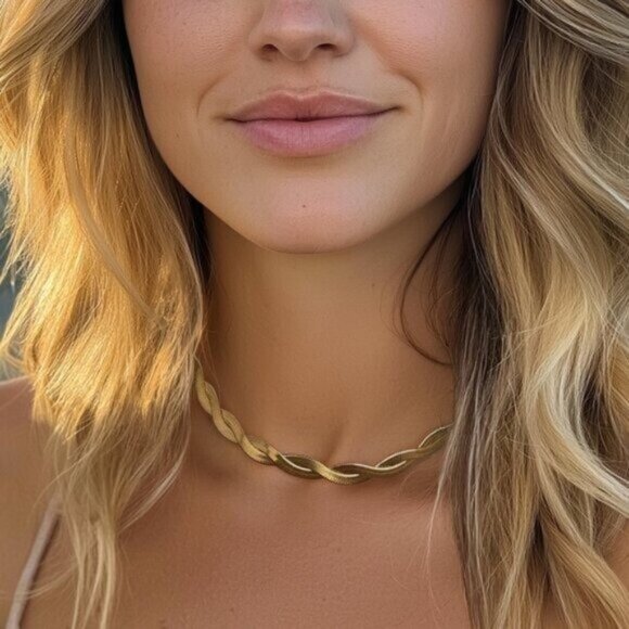 Gold Herringbone Twist Necklace Waterproof Necklace Gorgeous Layering Necklace - Picture 1 of 16